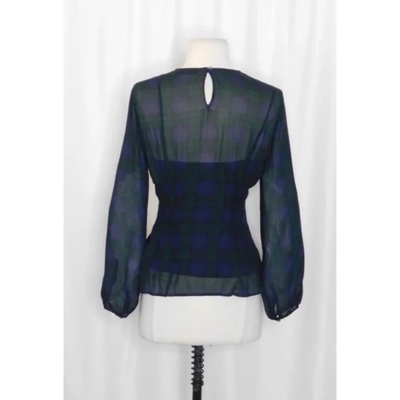 NEW!! J. CREW Chiffon Shirred-Waist Top Black Watch Tartan Plaid Copper Green 2 - Picture 9 of 14